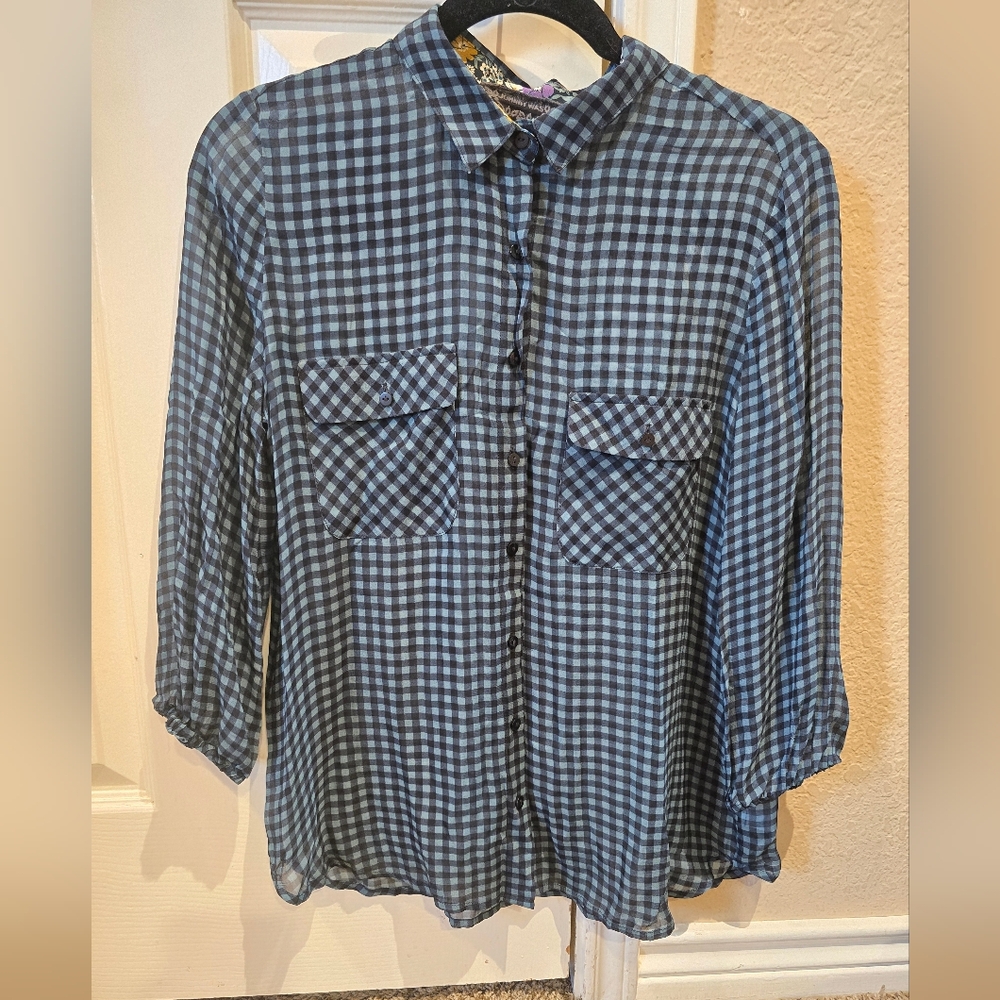 Johnny Was Jade Women Blk &Blue Sheer Button Dawn Top XS